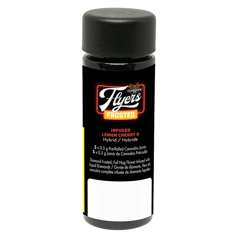 Straight-on view of a black cylindrical container labeled "Flyers Frosted Lemon Cherry G Infused PR 5 x 0.5 g" with a bold Flyers Frosted logo on the front.