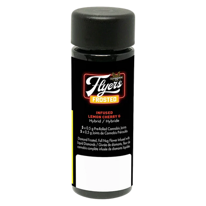 Straight-on view of a black cylindrical container labeled "Flyers Frosted Lemon Cherry G Infused PR 5 x 0.5 g" with a bold Flyers Frosted logo on the front.