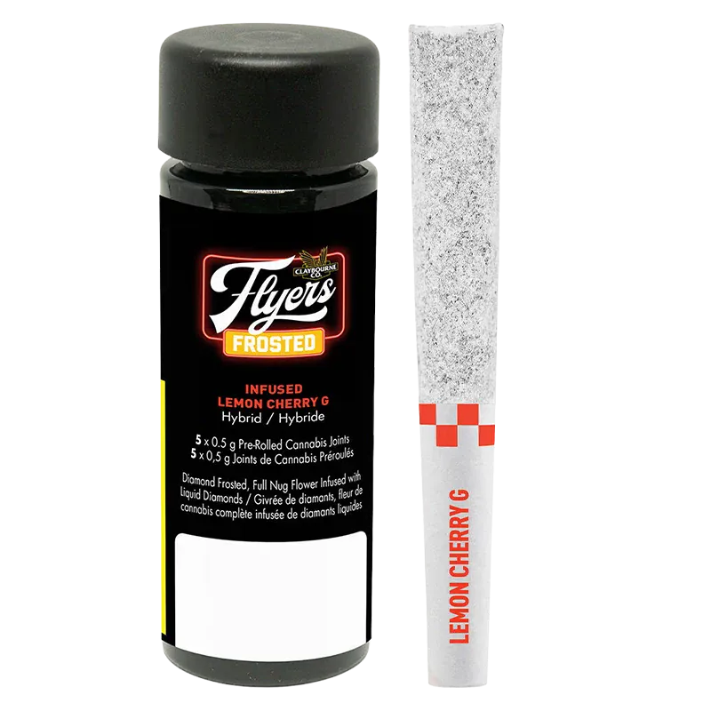 Front view of a black canister and a single white-sleeved joint, labeled "Flyers Frosted Lemon Cherry G Infused PR 5 x 0.5 g" with the canister logo prominent.