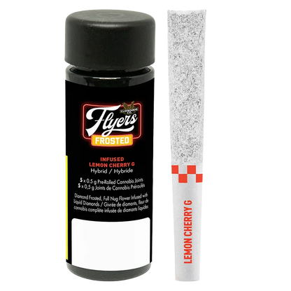 Front view of a black canister and a single white-sleeved joint, labeled "Flyers Frosted Lemon Cherry G Infused PR 5 x 0.5 g" with the canister logo prominent.