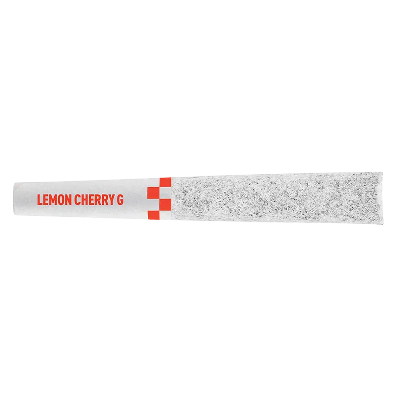 Top-down view of a single Flyers Frosted Lemon Cherry G Infused PR 5 x 0.5 g pre-roll with "LEMON CHERRY G" text and red checker accents on white paper.