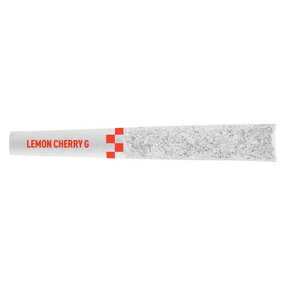 Top-down view of a single Flyers Frosted Lemon Cherry G Infused PR 5 x 0.5 g pre-roll with "LEMON CHERRY G" text and red checker accents on white paper.