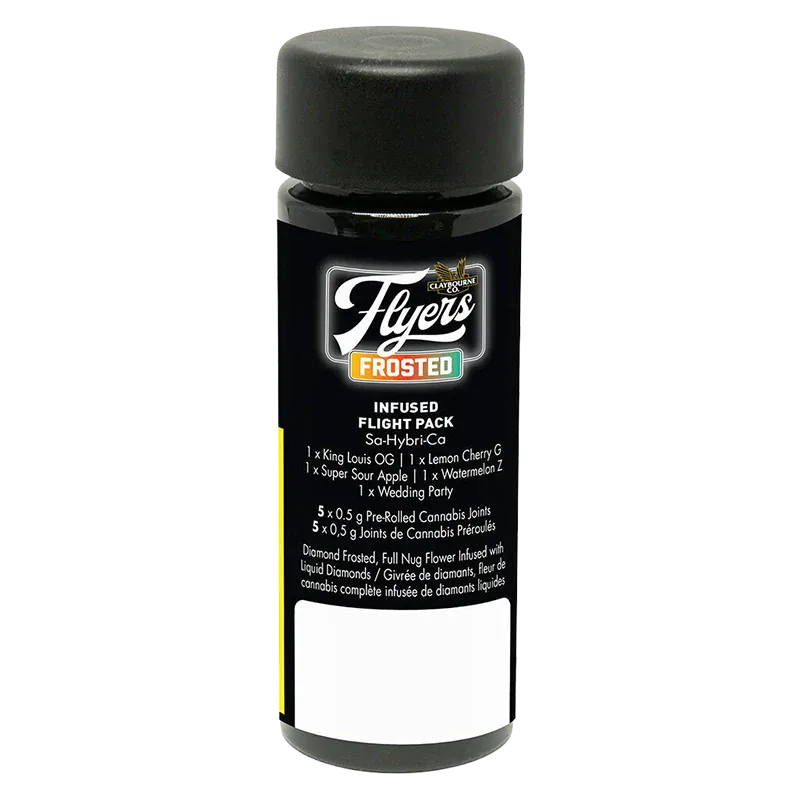 Bottle-front view of the Frosted Flyers Flight Pack Infused PR 5 x 0.5 g showing its black label, colorful "Frosted" logo and small white product text.