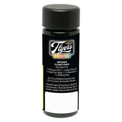 Bottle-front view of the Frosted Flyers Flight Pack Infused PR 5 x 0.5 g showing its black label, colorful "Frosted" logo and small white product text.