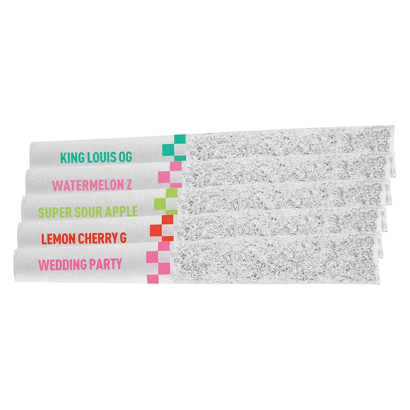 Front-facing stacked view of five Frosted Flyers Flight Pack Infused PR 5 x 0.5 g white wraps with glittery silver infusions and colorful strain labels.