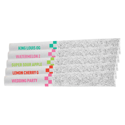 Front-facing stacked view of five Frosted Flyers Flight Pack Infused PR 5 x 0.5 g white wraps with glittery silver infusions and colorful strain labels.