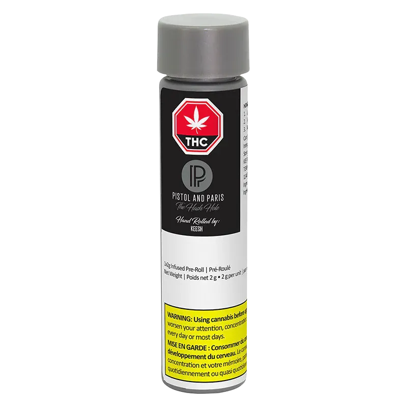 Tall frontal view of the Hash Hole Infused PR 1 x 2.25 g clear tube with a grey cap and black-and-white label bearing a red THC symbol.