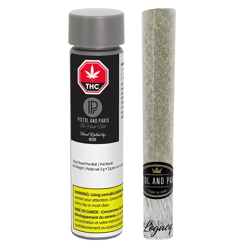 Straight-on product shot of the Hash Hole Infused PR 1 x 2.25 g pre-roll tube and its joint, the Hash Hole Infused PR 1 x 2.25 g standing upright against a white background.