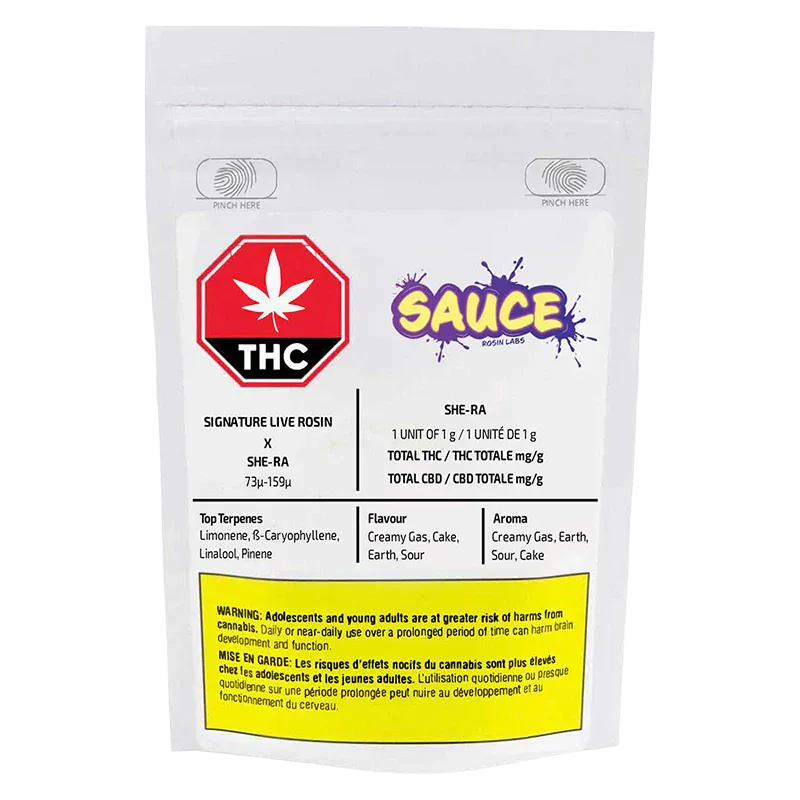 Front-facing shot of the pouch labeled "Signature Black Maple Live Rosin" showing a white resealable bag with a red THC stop sign icon, purple "SAUCE" logo, and a yellow warning block.