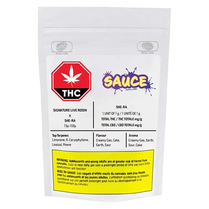 Front-facing shot of the pouch labeled "Signature Black Maple Live Rosin" showing a white resealable bag with a red THC stop sign icon, purple "SAUCE" logo, and a yellow warning block.
