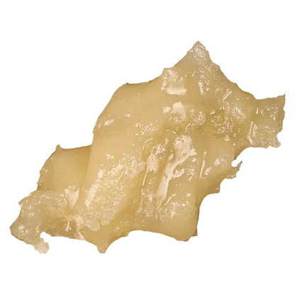 Close-up of a glossy pale golden dab of Signature Black Maple Live Rosin shown from above on a white background