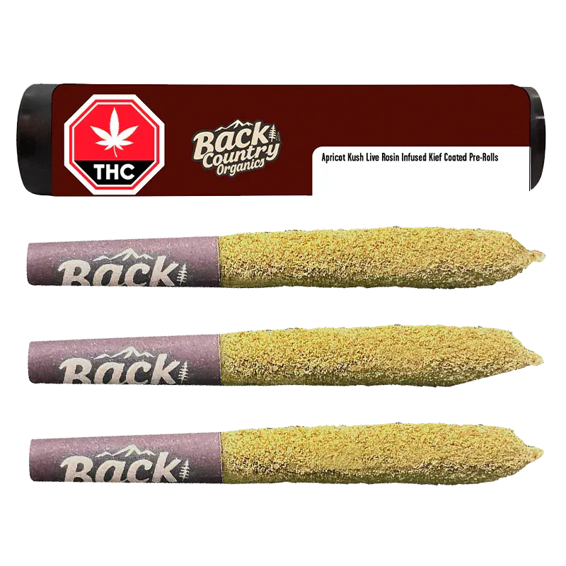 Back Country Organics 1.5 g Apricot Kush Live Rosin Kief Coated Infused PR 3 x 0.5 g Pre-Rolls