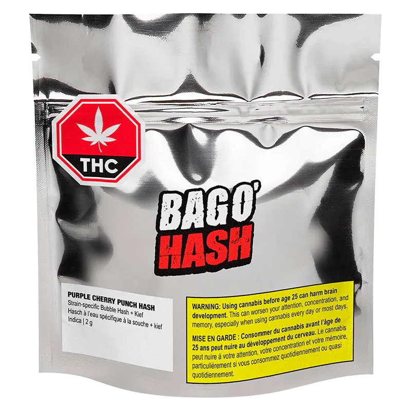 Front-facing shot of the metallic pouch labeled "BAGO' HASH Purple Cherry Punch Hash" with a red THC stop sign and yellow warning panel.