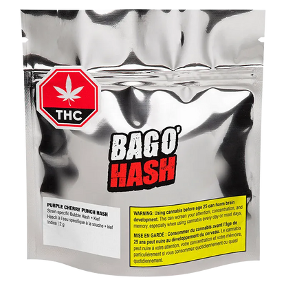 Front-facing shot of the metallic pouch labeled "BAGO' HASH Purple Cherry Punch Hash" with a red THC stop sign and yellow warning panel.