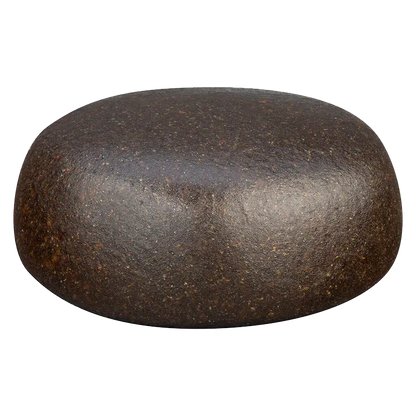 Low-angle view of a smooth, dark brown disc labeled Purple Cherry Punch Hash, shown against a white background.
