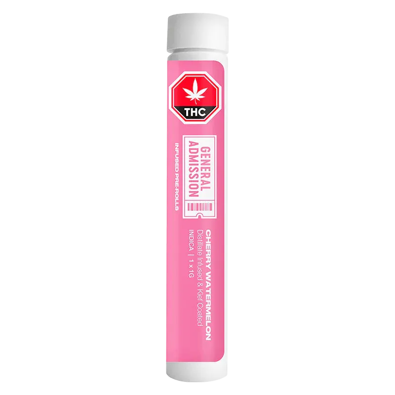 Vertical front view of the pink Cherry Watermelon Infused PR 1 x 1 g tube with a white cap and visible THC badge and "General Admission" label.