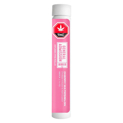 Vertical front view of the pink Cherry Watermelon Infused PR 1 x 1 g tube with a white cap and visible THC badge and "General Admission" label.