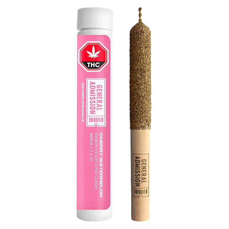 Vertical product shot of a pink tube and matching pre-roll showing the Cherry Watermelon Infused PR 1 x 1 g with a cork-tipped, kief-coated joint beside its labeled pink plastic tube.