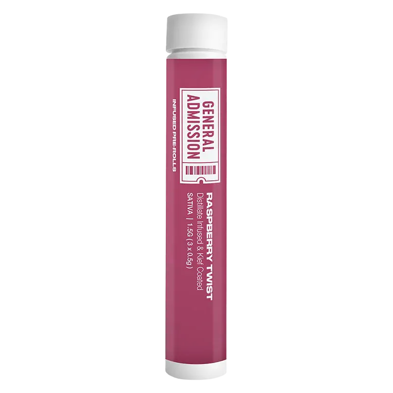 Tall vertical front view of the Raspberry Twist Infused PR 3 x 0.5 g tube with a raspberry-pink label and white cap against a white background