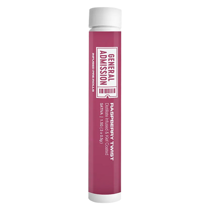 Tall vertical front view of the Raspberry Twist Infused PR 3 x 0.5 g tube with a raspberry-pink label and white cap against a white background