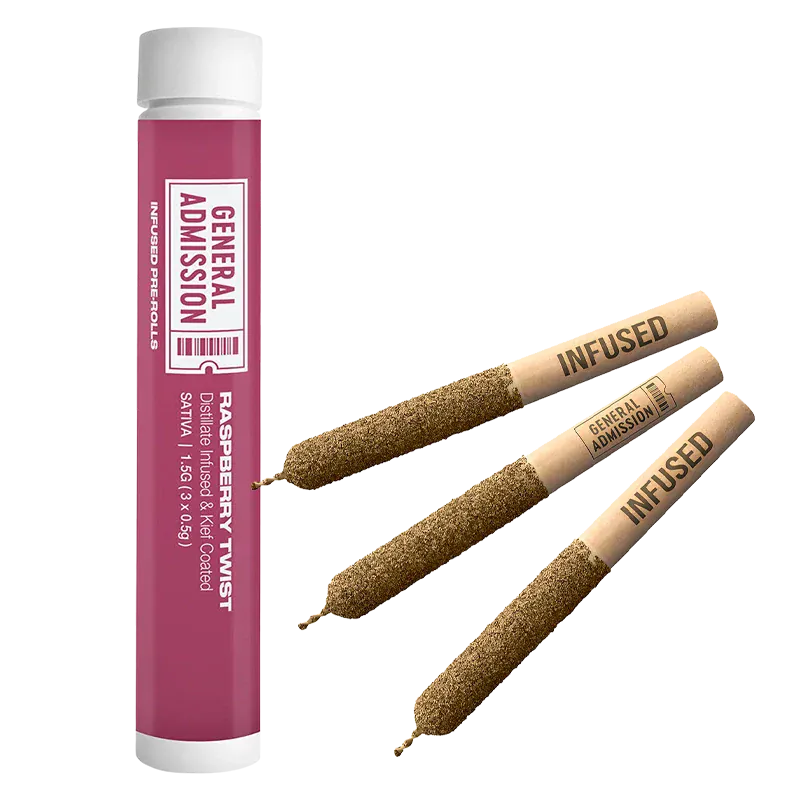Vertical studio shot of a pink tube and three rolled joints labeled "INFUSED" alongside the Raspberry Twist Infused PR 3 x 0.5 g packaging.