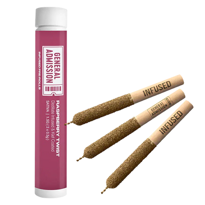 Vertical studio shot of a pink tube and three rolled joints labeled "INFUSED" alongside the Raspberry Twist Infused PR 3 x 0.5 g packaging.