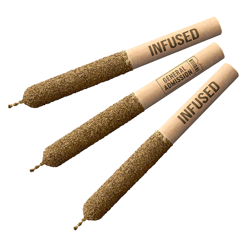 Angled top-down view of three brown, textured Raspberry Twist Infused PR 3 x 0.5 g pre-rolls with kraft paper tips labeled "INFUSED" and "GENERAL ADMISSION" on a white background