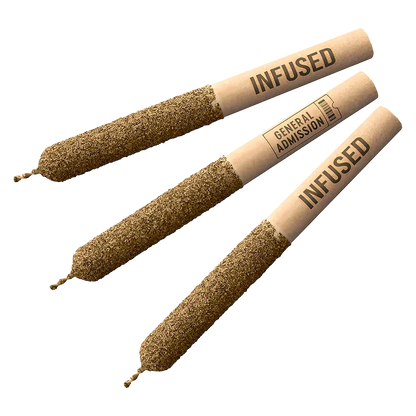 Angled top-down view of three brown, textured Raspberry Twist Infused PR 3 x 0.5 g pre-rolls with kraft paper tips labeled "INFUSED" and "GENERAL ADMISSION" on a white background
