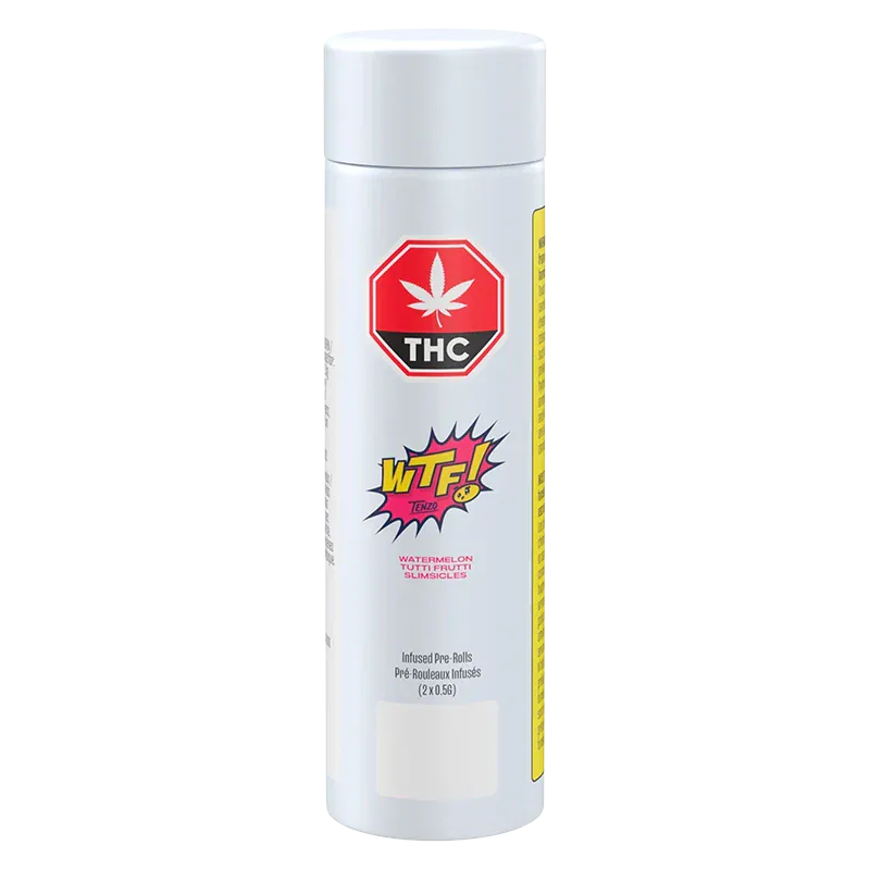 Tall front view of the white cylindrical package labeled "Wtf Slimsicles Infused PR 2 x 0.5 g" with a red THC stop sign and colorful WTF! logo.
