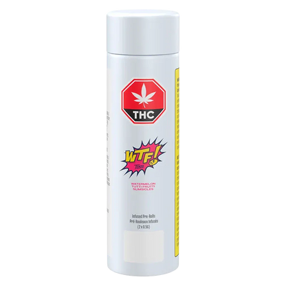Tall front view of the white cylindrical package labeled "Wtf Slimsicles Infused PR 2 x 0.5 g" with a red THC stop sign and colorful WTF! logo.