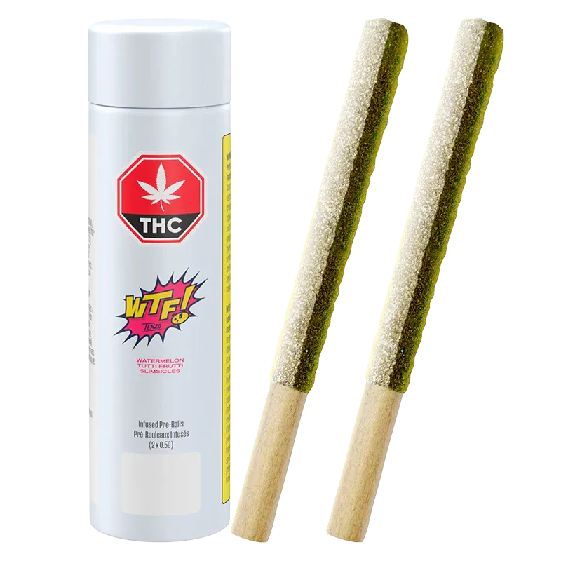 Two angled Wtf Slimsicles Infused PR 2 x 0.5 g slim pre-rolls coated in sugar beside their white cylindrical branded tube against a white background.