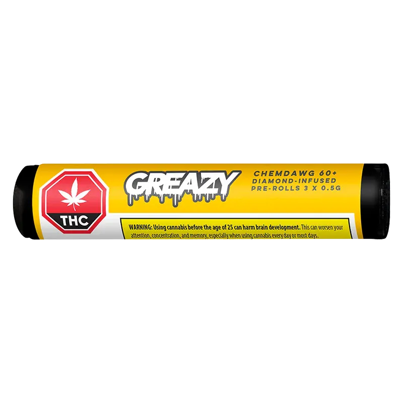 Straight-on product shot of the Chemdawg 60+ Double Infused PR 3 x 0.5 g yellow tube with Greazy branding and a red THC symbol on the left.