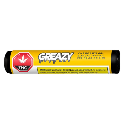Straight-on product shot of the Chemdawg 60+ Double Infused PR 3 x 0.5 g yellow tube with Greazy branding and a red THC symbol on the left.
