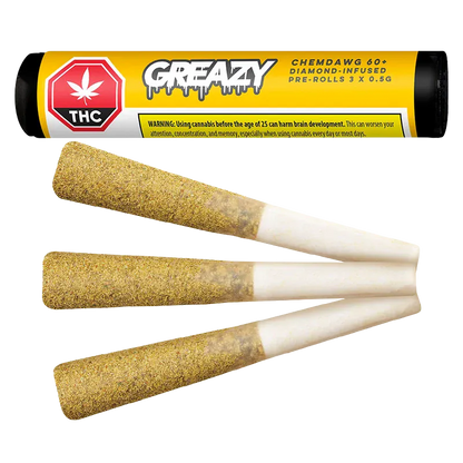 Angled top-down view of three coated pre-rolls beside a yellow tube labeled "Chemdawg 60+ Double Infused PR 3 x 0.5 g."