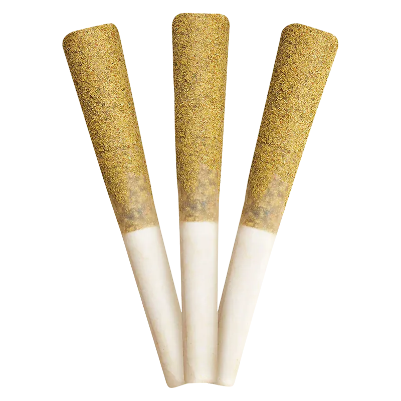 Close-up top-down view of three cone joints of Chemdawg 60+ Double Infused PR 3 x 0.5 g fanned on a white background, showing textured golden coating.