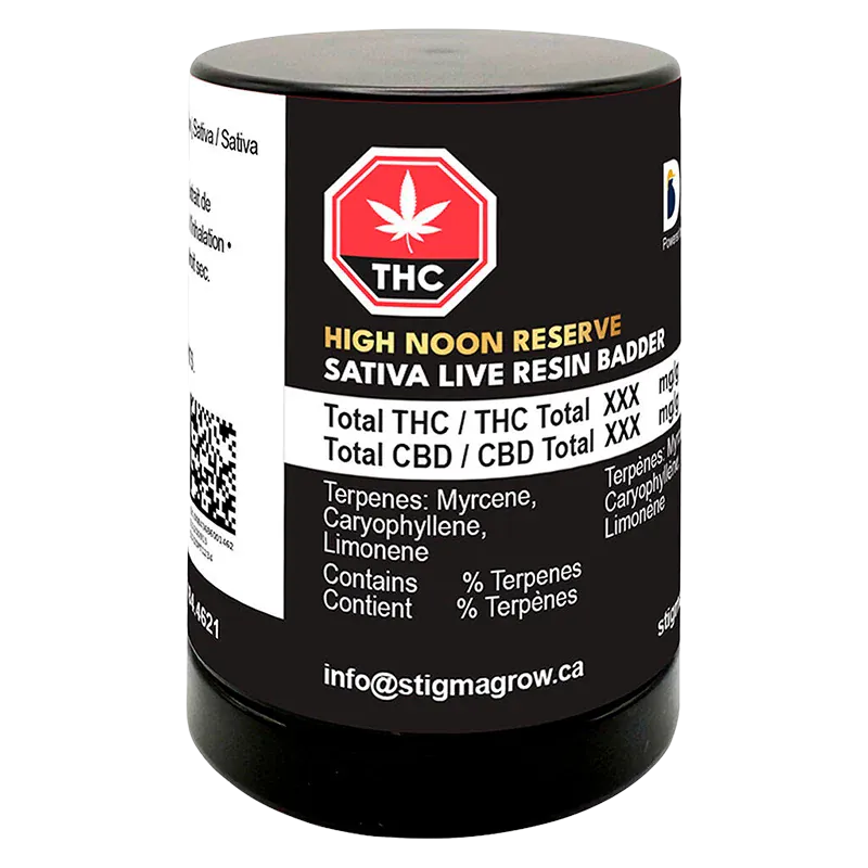 Angled front view of a black container labeled "High Noon Reserve Live Resin" with a red THC emblem and terpene info.