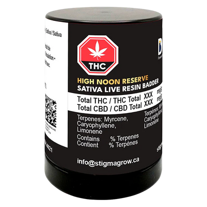 Angled front view of a black container labeled "High Noon Reserve Live Resin" with a red THC emblem and terpene info.