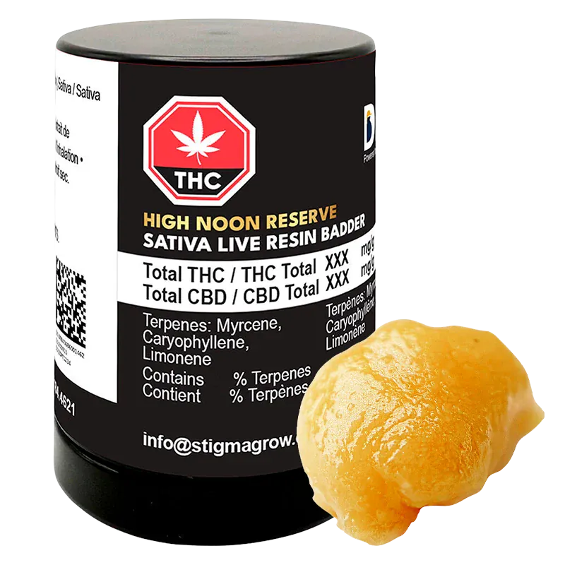 Three-quarter view of a black jar labeled High Noon Reserve Live Resin with a dollop of glossy amber concentrate beside it.
