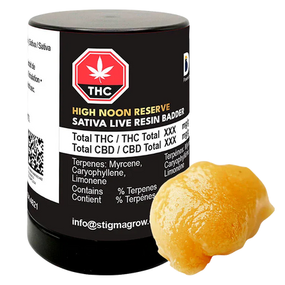 Three-quarter view of a black jar labeled High Noon Reserve Live Resin with a dollop of glossy amber concentrate beside it.