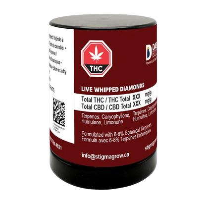 Front three-quarter view of a maroon-labeled jar of Sherbet Queen Live Whipped Diamonds showing the white THC symbol, ingredient text, and contact info.
