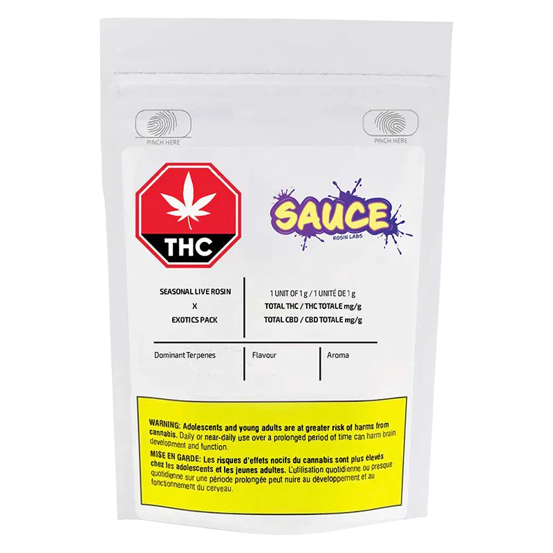 Front-facing shot of the white pouch labeled "Seasonal Exotics Pack Live Rosin" with a red THC stop sign icon and colorful "Sauce" logo above a yellow warning panel.