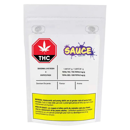Front-facing shot of the white pouch labeled "Seasonal Exotics Pack Live Rosin" with a red THC stop sign icon and colorful "Sauce" logo above a yellow warning panel.