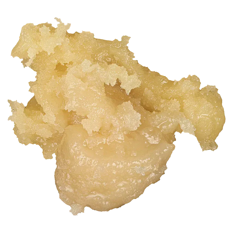 Close-up of a pale, crystalline dab of Seasonal Exotics Pack Live Rosin showing granular, glossy texture against a white background