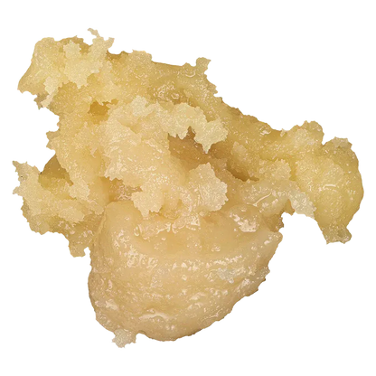Close-up of a pale, crystalline dab of Seasonal Exotics Pack Live Rosin showing granular, glossy texture against a white background