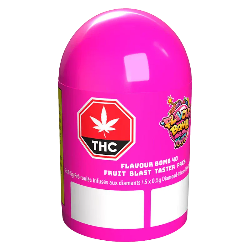 Front three-quarter view of a bright pink Flavour Bomb 40 Fruit Blast Diamond Infused PR 5 x 0.5 g capsule showing a red THC stop-sign logo and colorful branding on glossy plastic.