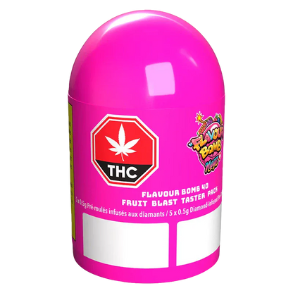 Front three-quarter view of a bright pink Flavour Bomb 40 Fruit Blast Diamond Infused PR 5 x 0.5 g capsule showing a red THC stop-sign logo and colorful branding on glossy plastic.