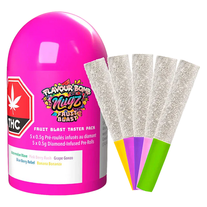 Bright studio-front view of the Flavour Bomb 40 Fruit Blast Diamond Infused PR 5 x 0.5 g pink capsule next to five sugar-coated pre-rolls with colorful tips.