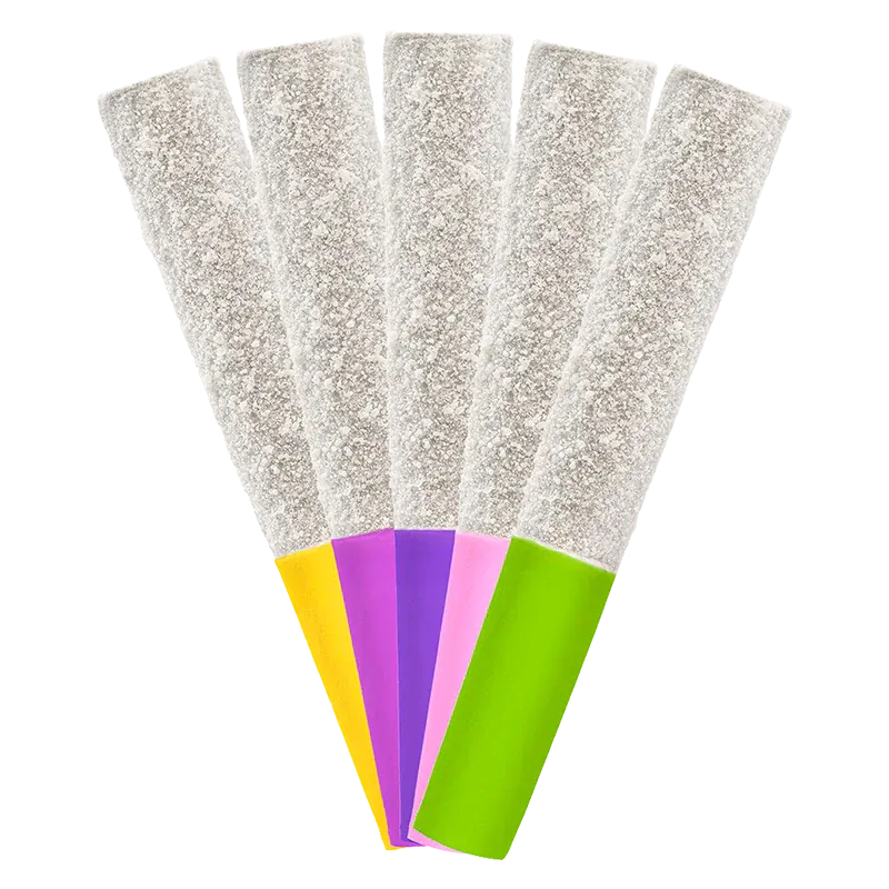 Top-down fanned view of five white sugar-coated sticks with colorful ends, labeled Flavour Bomb 40 Fruit Blast Diamond Infused PR 5 x 0.5 g.