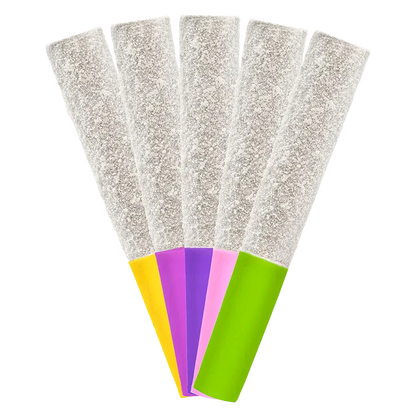 Top-down fanned view of five white sugar-coated sticks with colorful ends, labeled Flavour Bomb 40 Fruit Blast Diamond Infused PR 5 x 0.5 g.