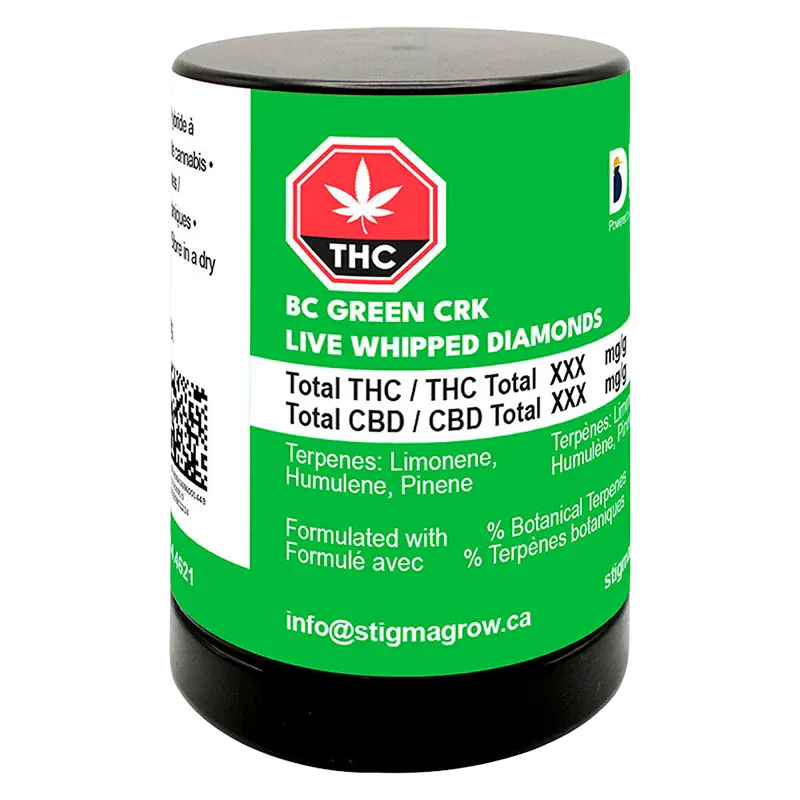 Front three-quarter view of the BC Green CRK Live Whipped Diamonds cylindrical green and black container with a THC symbol and product text on the label